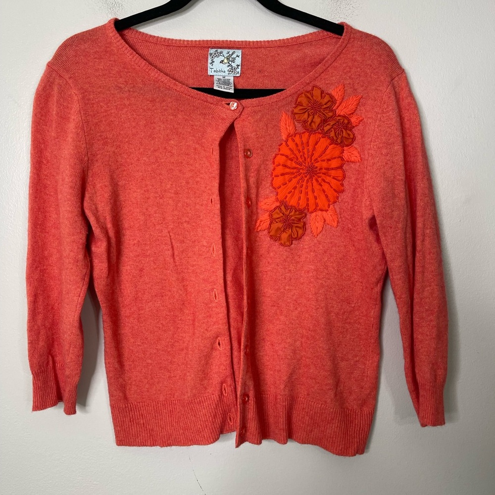 Tabitha Anthropologie lightweight cashmere wool cardi silk floral appliqué sz M - Picture 2 of 8